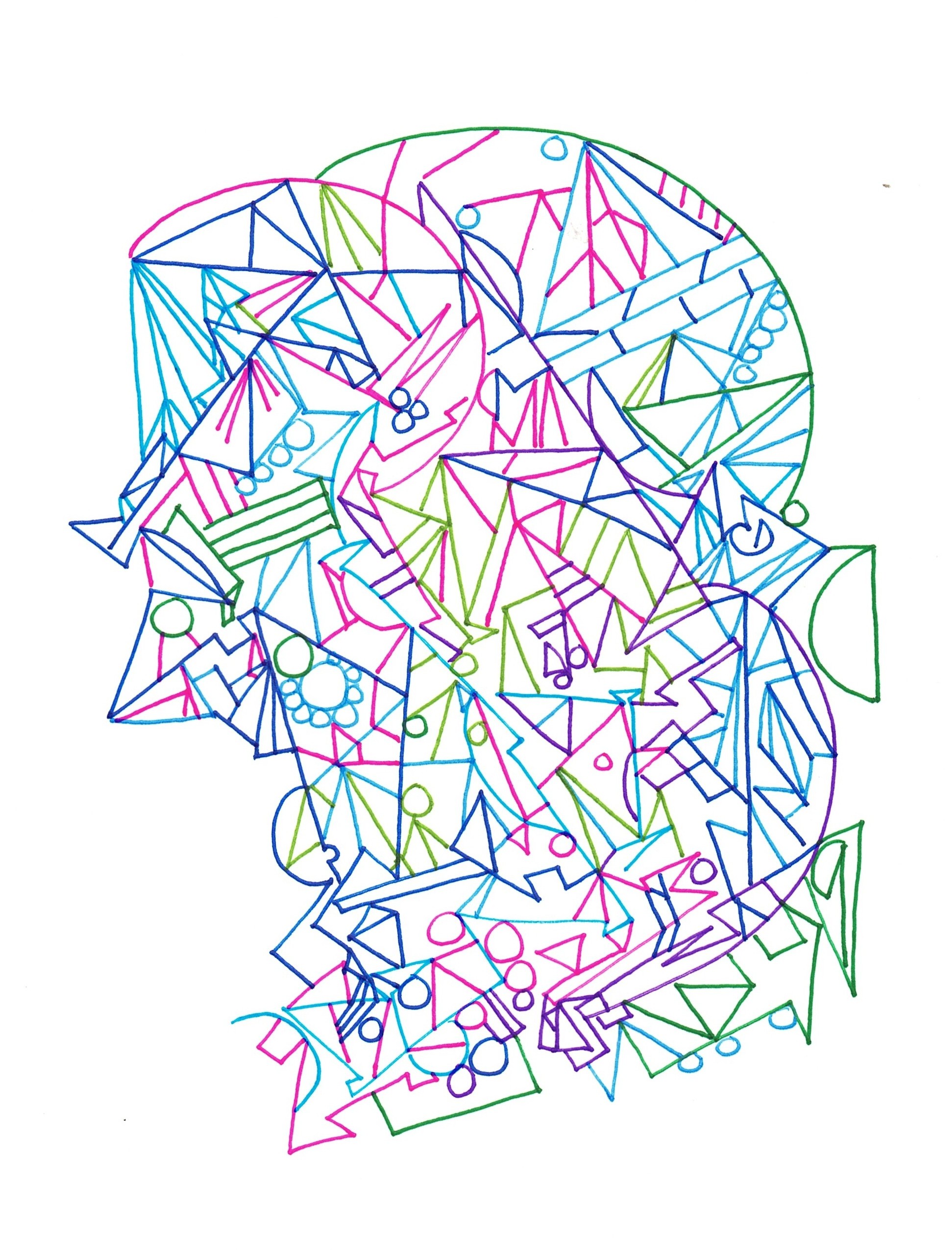 Asemic drawing in blue, green, and magenta: a dense field of triangles, arcs, and small circles