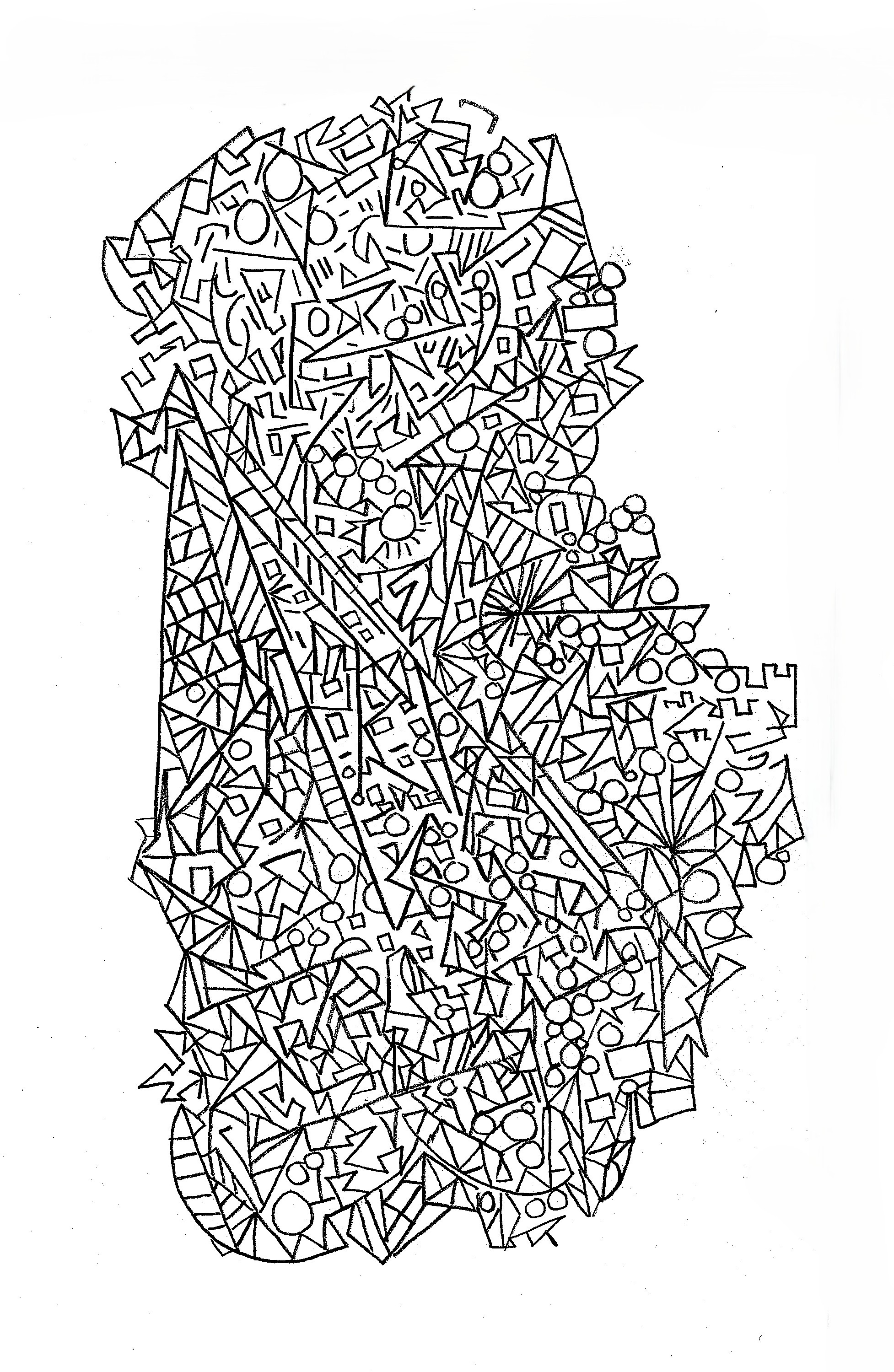 Asemic drawing in black ink: a dense vertical field of letters, circles, and triangles