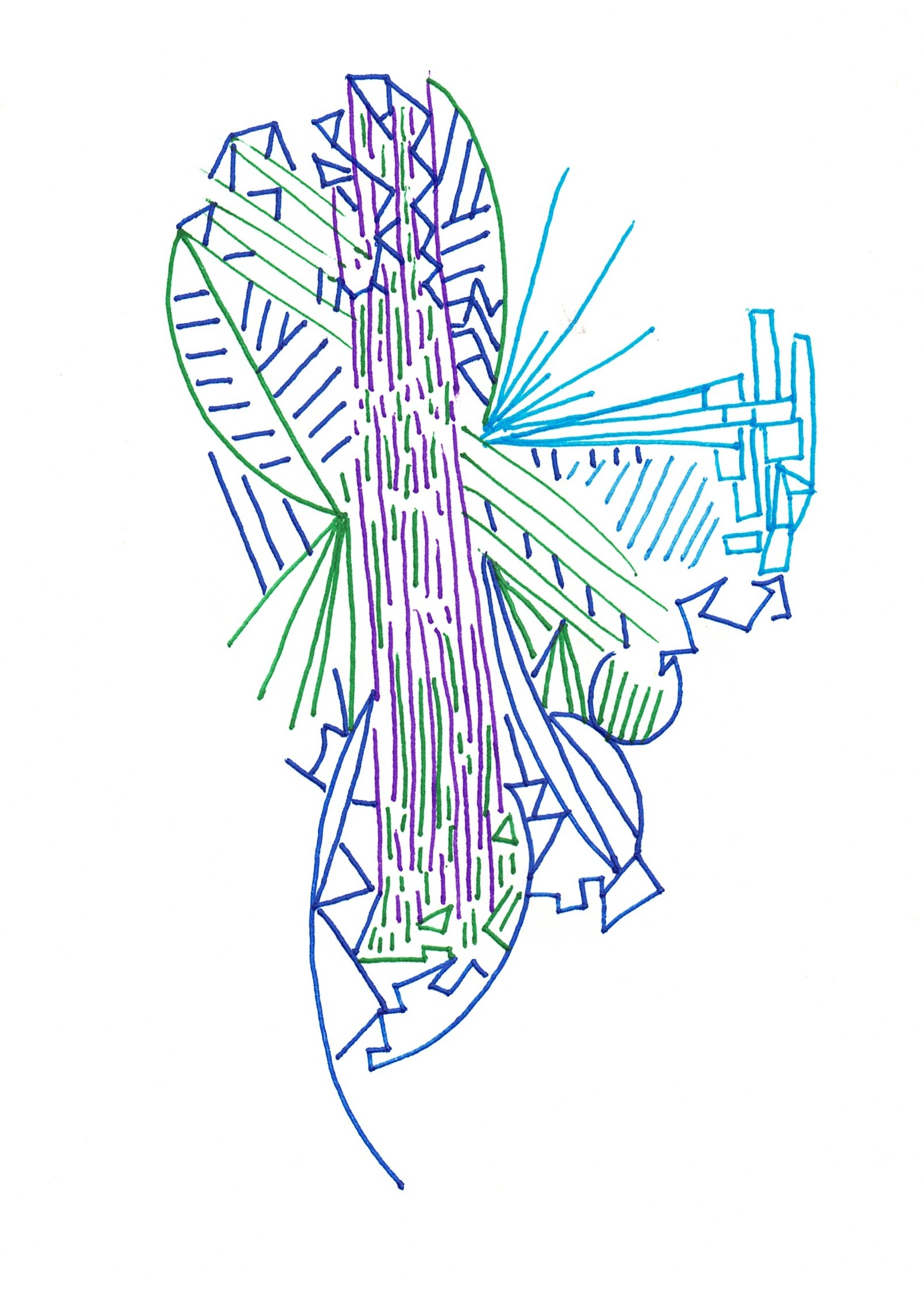 Asemic drawing in blue, green, and violet: a tall column of marks with lines radiating outward