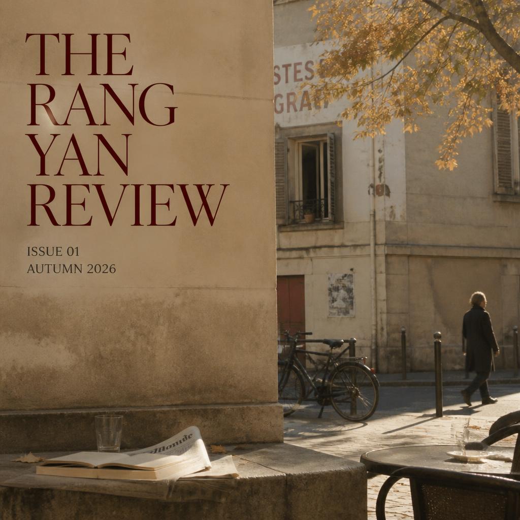 Cover of The Rang Yan Review, Issue 01, Autumn 2026: a Paris street in autumn light, an open newspaper on a stone ledge